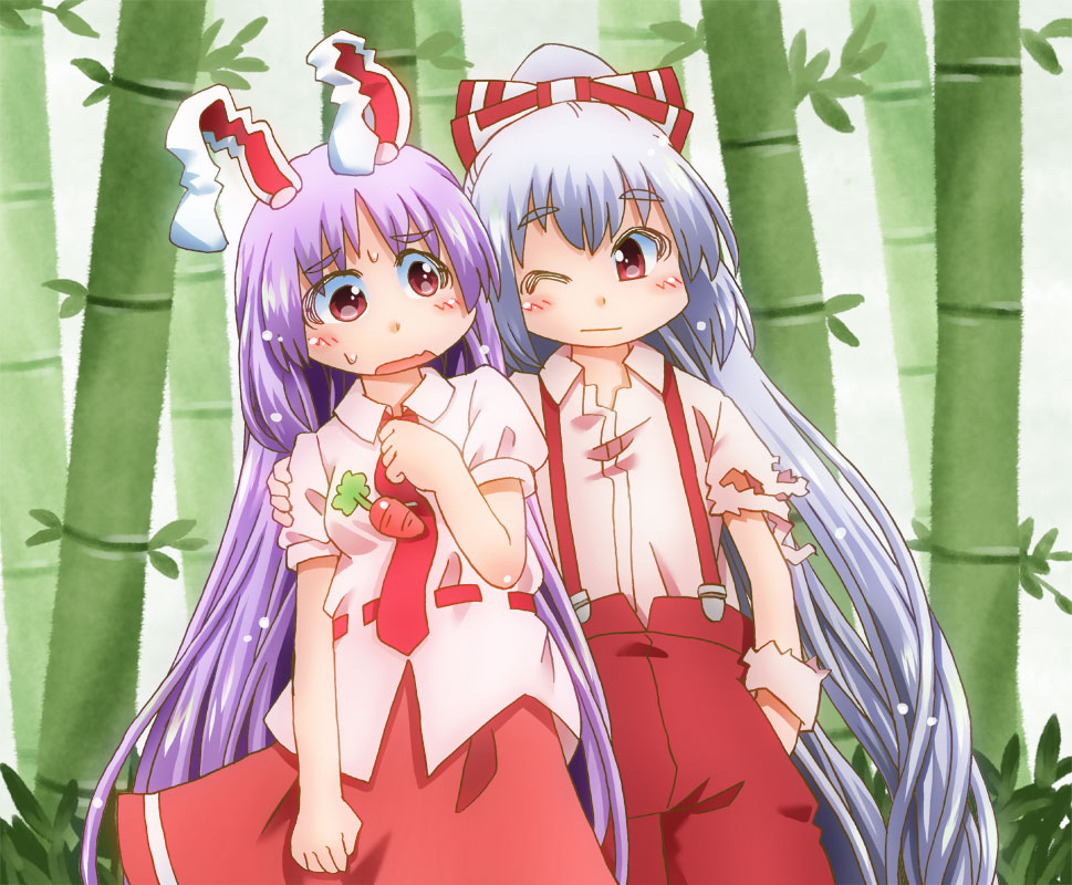 2girls ;| animal_ears arm_around_back bamboo bamboo_forest belt blush cowboy_shot food_themed_ornament forest fujiwara_no_mokou hand_in_pocket hand_on_another's_arm hand_on_own_chest lavender_hair long_hair looking_at_another matty_(zuwzi) multiple_girls nature necktie one_eye_closed open_mouth pants ponytail rabbit_ears red_eyes red_necktie red_skirt reisen_udongein_inaba shirt short_sleeves side_glance silver_hair skirt suspenders sweat tie_clip torn_clothes torn_sleeves touhou untucked_shirt very_long_hair wavy_mouth