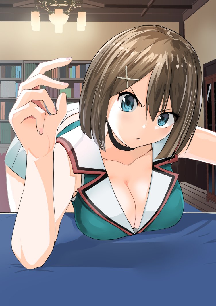 1girl arm_wrestling blue_eyes bookshelf breasts brown_hair chandelier choker cleavage collarbone eyes_visible_through_hair fingernails frown hair_ornament hairclip indoors kantai_collection large_breasts leaning_forward looking_at_viewer masukuza_j maya_(kantai_collection) midriff pleated_skirt remodel_(kantai_collection) sailor_collar short_hair skirt solo table