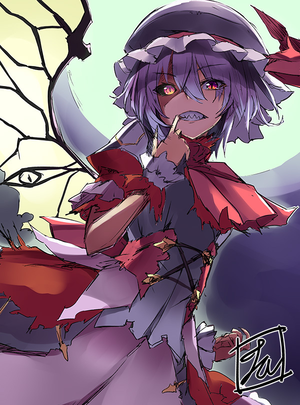 1girl arm_garter ascot bangs black_sclera commentary_request cowboy_shot eyebrows_visible_through_hair hair_between_eyes hand_up hat heterochromia looking_at_viewer mismatched_sclera mob_cap remilia_scarlet sharp_teeth short_hair short_sleeves signature silver_hair slit_pupils solo teeth tirotata torn_clothes touhou