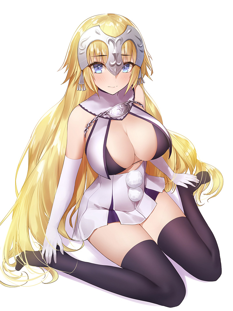 1girl artist_name bikini_top black_legwear blonde_hair blue_eyes blush breasts cleavage cosplay elbow_gloves embarrassed fate/apocrypha fate/grand_order fate_(series) full_body gloves hands_on_feet headgear jeanne_alter jeanne_alter_(santa_lily)_(fate) jeanne_alter_(santa_lily)_(fate)_(cosplay) large_breasts legs long_hair looking_at_viewer no_shoes ruler_(fate/apocrypha) shadow simple_background sitting skirt solo thigh-highs thighs undersized_clothes very_long_hair wariza white_background white_gloves yaman_(yamanta_lov)