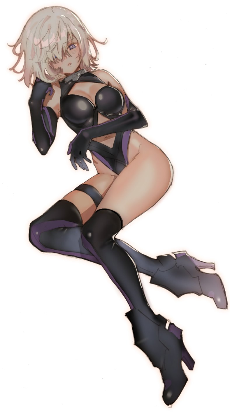 1girl aruterra black_gloves black_legwear boots breasts cleavage cleavage_cutout elbow_gloves eyebrows_visible_through_hair fate/grand_order fate_(series) gloves hair_over_one_eye high_heel_boots high_heels highleg highleg_leotard highres large_breasts leotard lying navel navel_cutout parted_lips shielder_(fate/grand_order) silver_hair simple_background solo thigh-highs thigh_boots thigh_strap violet_eyes white_background