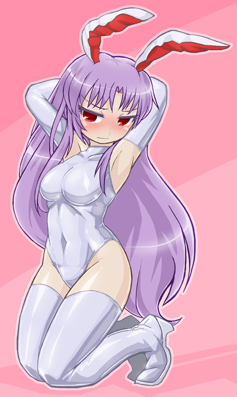 1girl animal_ears armpits arms_behind_head blush boots breasts covered_navel elbow_gloves gloves highleg highleg_leotard kneeling leotard long_hair medium_breasts nose_blush purple_hair rabbit_ears red_eyes reisen_udongein_inaba sidelocks solo thigh-highs thigh_boots touhou very_long_hair white_boots white_gloves winn