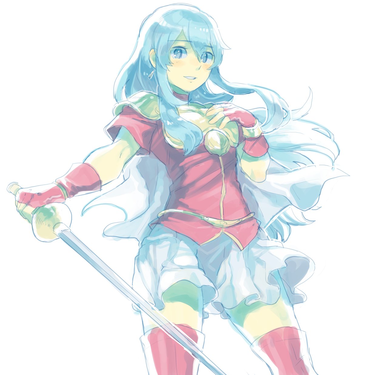 1girl aisutabetao blue_hair eirika fire_emblem fire_emblem:_seima_no_kouseki highres holding holding_weapon long_hair looking_at_viewer open_mouth rapier simple_background solo solo_focus sword weapon white_background