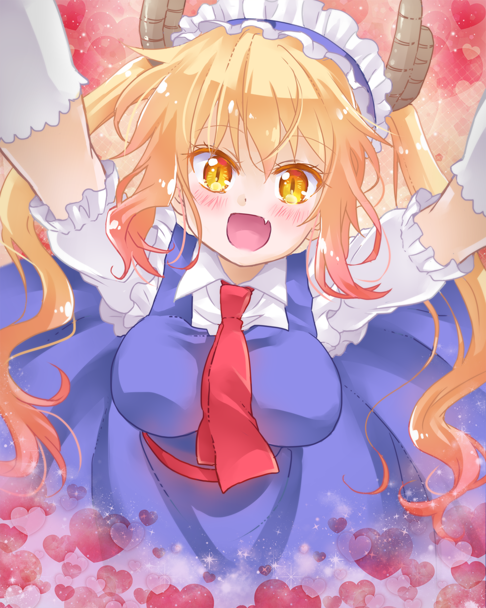 1girl :d blonde_hair blush breasts dragon_girl dress fang gloves gongitsune_(gongitune2) gradient_hair heart highres horns kobayashi-san_chi_no_maidragon large_breasts long_hair looking_at_viewer maid maid_headdress multicolored_hair necktie open_mouth orange_eyes outstretched_arms puffy_short_sleeves puffy_sleeves short_sleeves slit_pupils smile tooru_(maidragon) twintails white_gloves