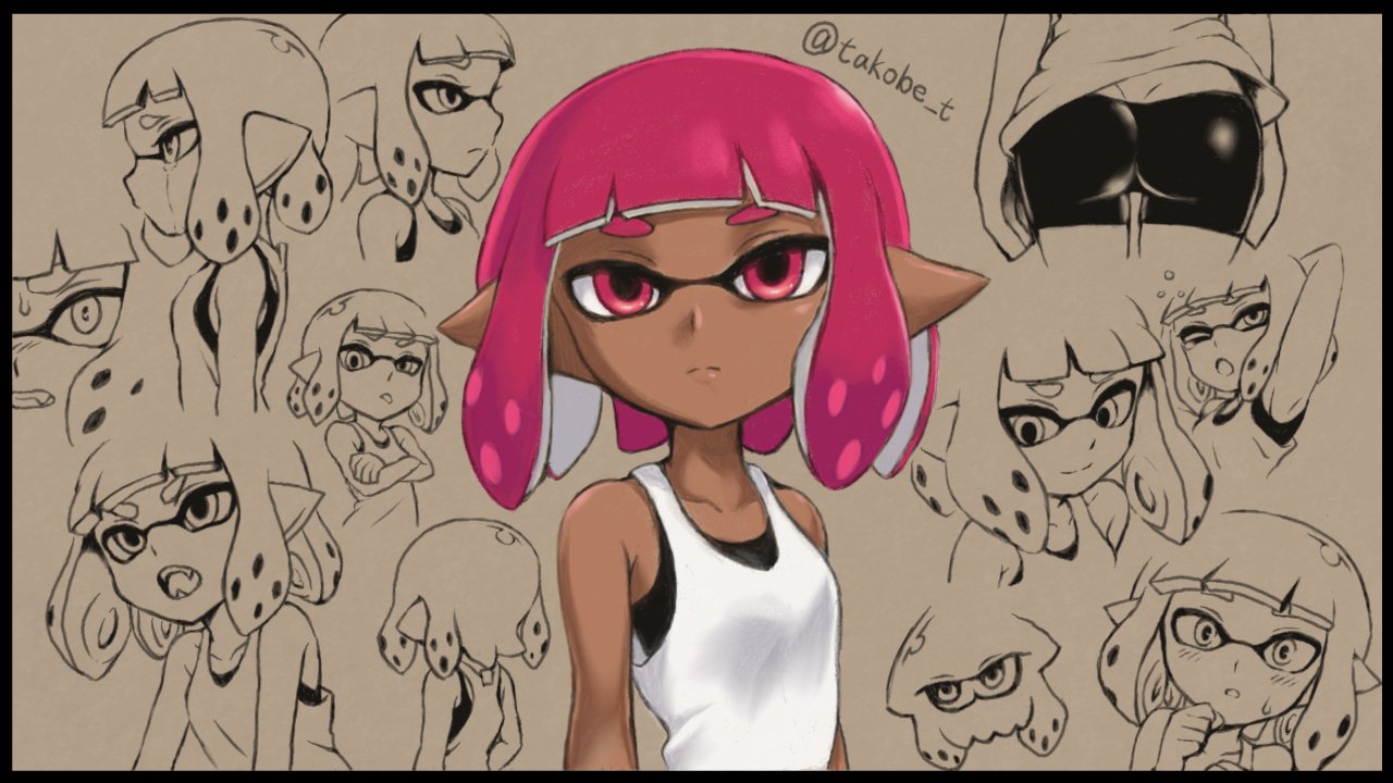 1girl ass bike_shorts blush butt_crack crying crying_with_eyes_open domino_mask empty_eyes expressions female_inkling inkling mask monster_girl pink_eyes pink_hair pointy_ears singlet splatoon takobe tears tentacle_hair tongue tongue_out