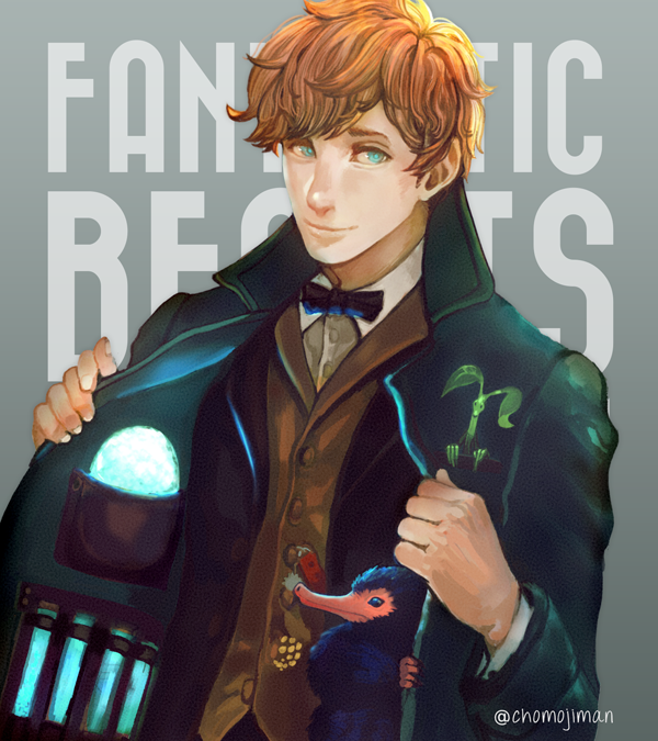 1boy artist_name blue_eyes bow bowtie brown_hair coat copyright_name fantastic_beasts_and_where_to_find_them grey_background harry_potter jippei leaf male_focus newt_scamander niffler solo