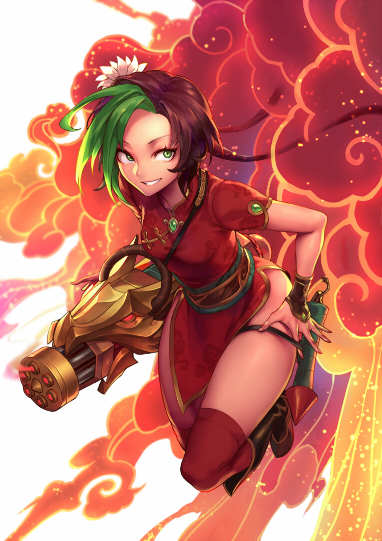 1girl alternate_costume alternate_hair_color alternate_hairstyle between_breasts black_boots boots breasts brown_hair carrying_under_arm china_dress chinese_clothes chinese_new_year dress explosion eyelashes firecracker_jinx firecrackers flower full_body gatling_gun gem green_eyes grin gun hair_flower hair_ornament jinx_(league_of_legends) jumping league_of_legends light_particles long_hair looking_at_viewer minigun multicolored_hair oopartz_yang pelvic_curtain red_dress red_legwear sash short_dress side_glance small_breasts smile smoke smoke_trail solo spread_fingers thigh-highs thigh_strap two-tone_hair weapon white_background white_flower