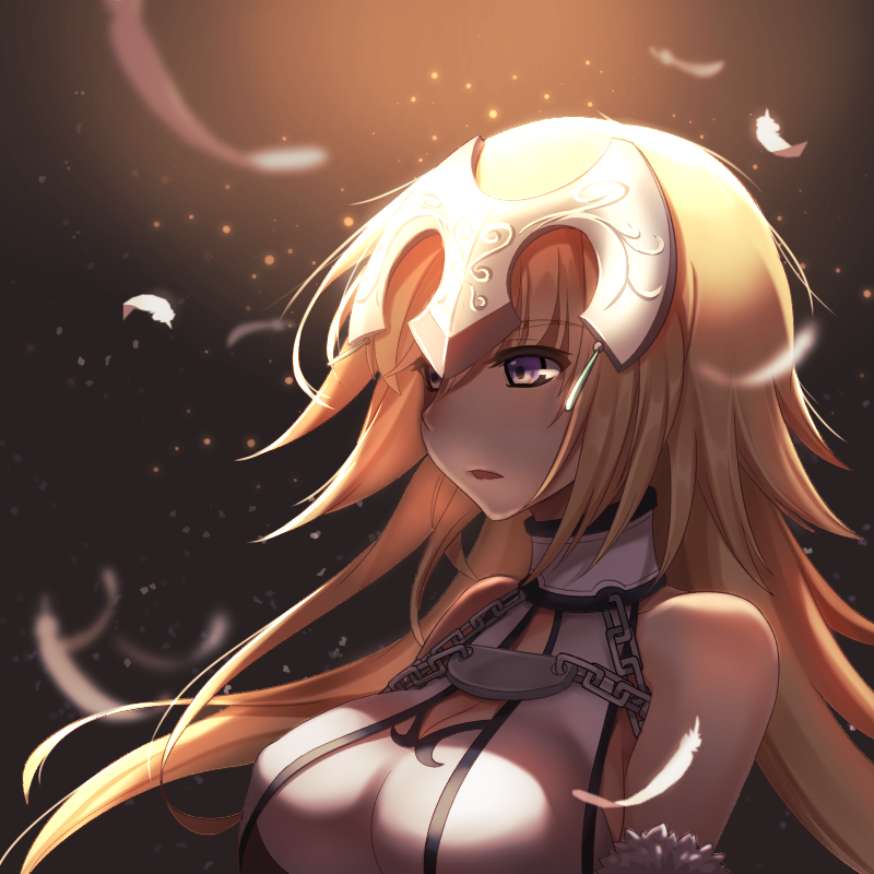 1girl armor bare_shoulders blonde_hair blue_eyes breasts capelet cleavage detached_sleeves fate/apocrypha fate/grand_order fate_(series) feathers headpiece jeanne_d'arc kittika_thaworn large_breasts light_particles long_hair looking_away open_mouth ruler_(fate/apocrypha) solo violet_eyes white_feathers