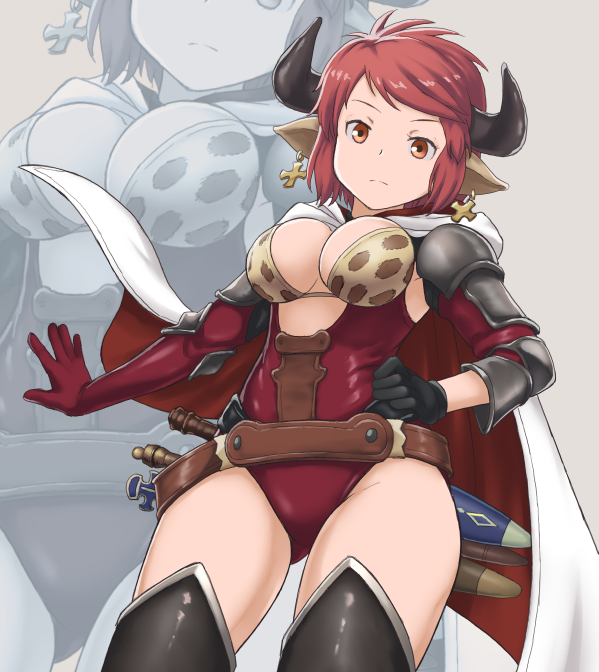 1girl animal_ears black_gloves breasts capelet cleavage cow_ears doraf gloves granblue_fantasy hand_on_hip horns kosyooka looking_at_viewer pink_hair red_eyes redhead short_hair solo strum_(granblue_fantasy) sword weapon zoom_layer