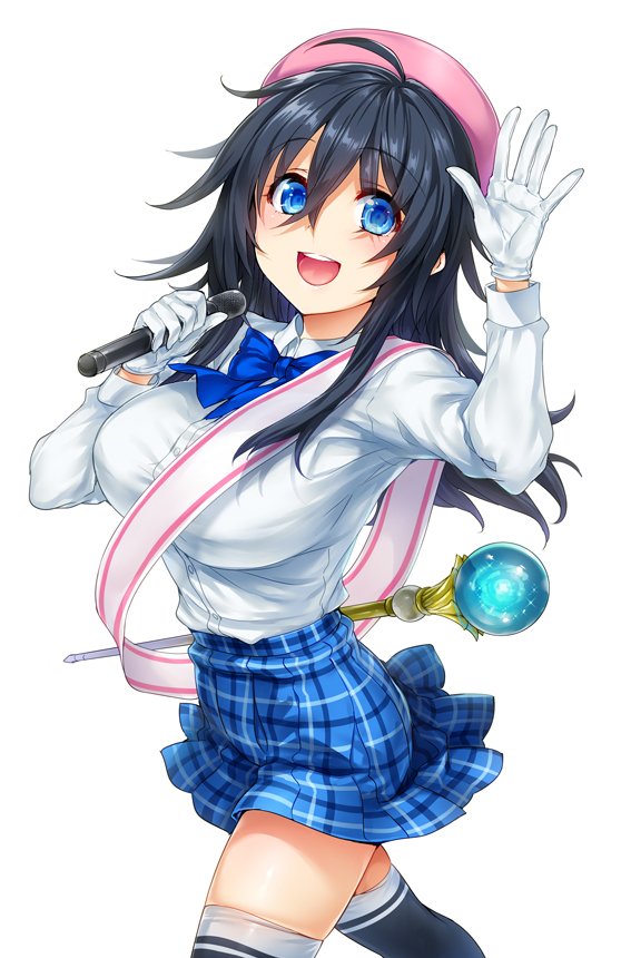 1girl :d ahoge black_hair blue_bow blue_bowtie blue_eyes bow bowtie breasts cowboy_shot dengeki_bunko dress_shirt gloves hair_between_eyes hat hisashi_(nekoman) large_breasts long_hair long_sleeves looking_at_viewer microphone netoge_no_yome_wa_onna_no_ko_janai_to_omotta? open_mouth plaid plaid_skirt school_uniform shirt skirt smile solo staff tamaki_ako teeth white_gloves white_shirt