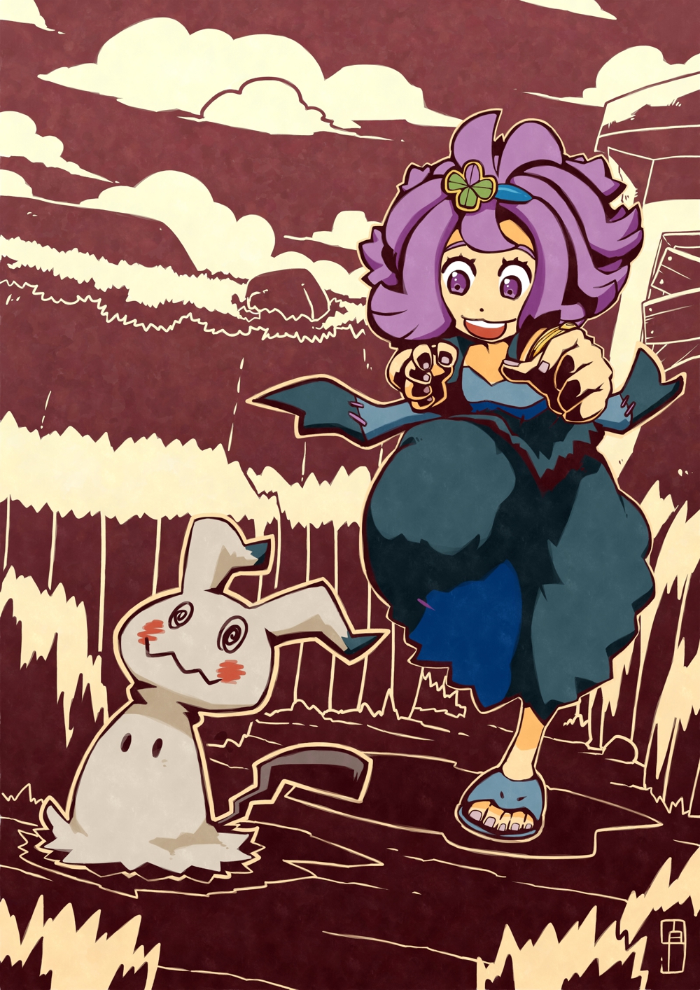 1girl :3 :d acerola_(pokemon) armlet chasing chawalit_adsawawalanon clouds day dress elite_four fingernails flipped_hair hair_ornament highres mimikyu nail_polish open_mouth outdoors outline pikachu_costume pokemon pokemon_(creature) pokemon_(game) pokemon_sm purple_hair purple_nails running sandals short_hair short_sleeves smile stitches teeth toenail_polish toenails topknot torn_clothes torn_dress trial_captain violet_eyes