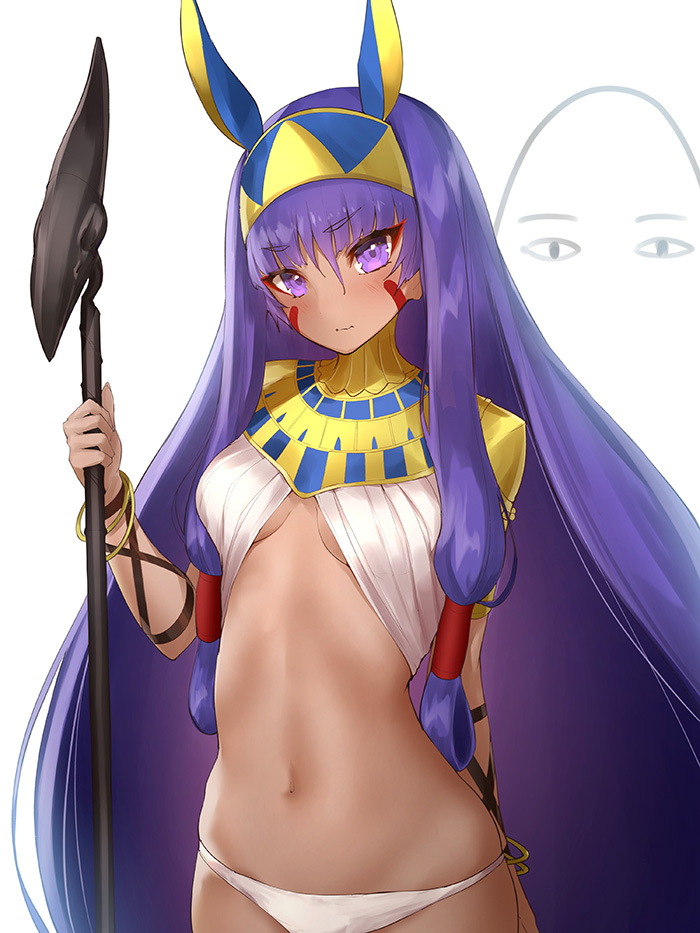 1girl bangs blush bracelet breasts closed_mouth commentary_request dark_skin eyebrows_visible_through_hair facepaint fate/grand_order fate_(series) hair_between_eyes hairband holding holding_staff jewelry long_hair looking_at_viewer medium_breasts medjed midriff navel nitocris_(fate/grand_order) polearm purple_hair simple_background solo staff upper_body very_long_hair violet_eyes weapon white_background yaman_(yamanta_lov)