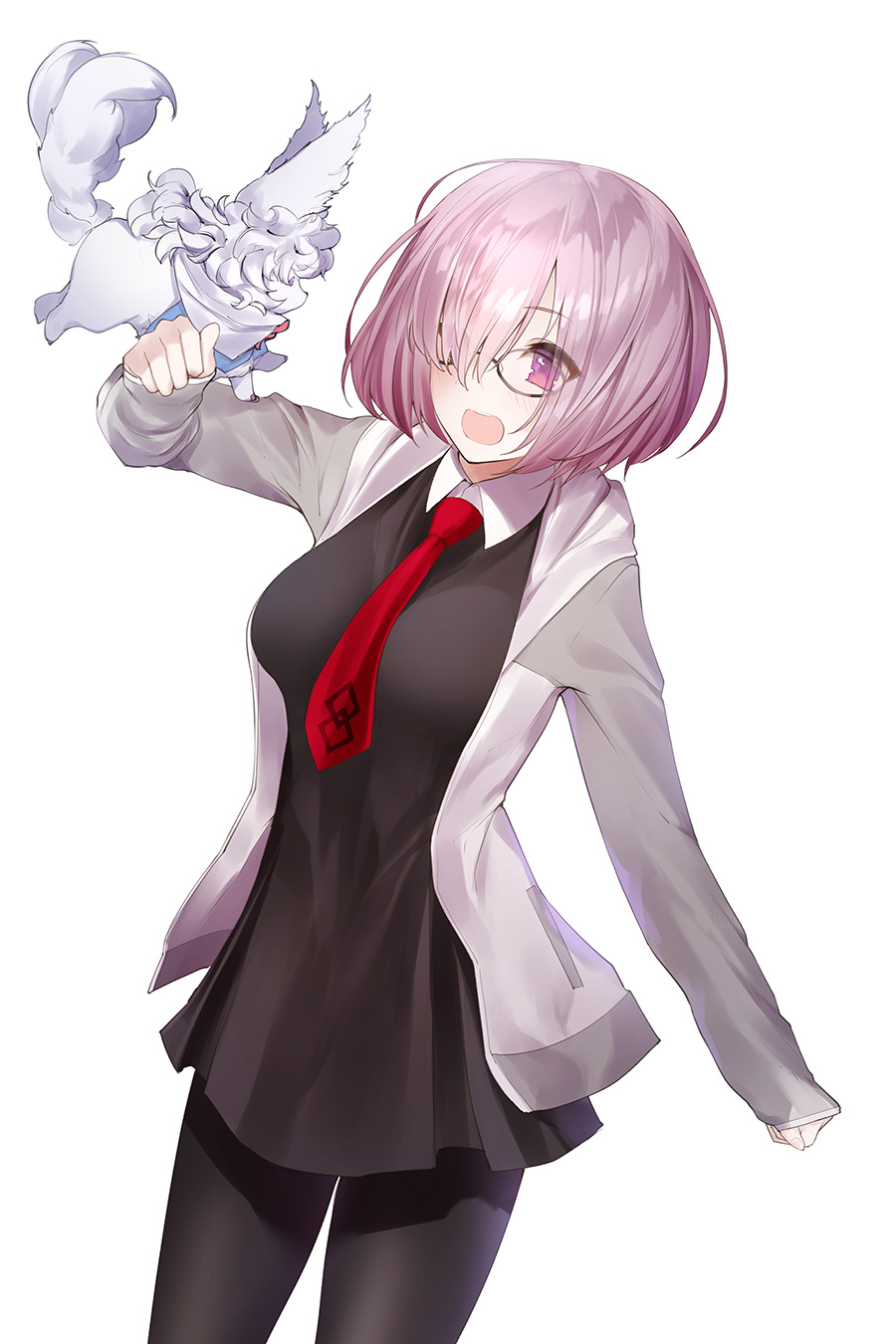 1girl :d black_legwear breasts dress fate/grand_order fate_(series) fou_(fate/grand_order) glasses hair_over_one_eye highres hood hooded_jacket jacket necktie open_mouth purple_hair shielder_(fate/grand_order) short_hair simple_background smile violet_eyes white_background yaman_(yamanta_lov)