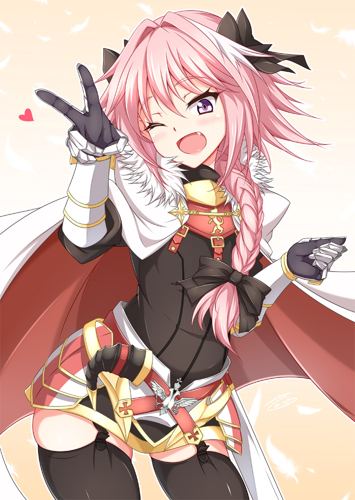 black_legwear blush braid cape commentary_request fang fate/apocrypha fate_(series) fur-trimmed_cape fur_trim garter_straps gauntlets hair_ribbon heart long_hair looking_at_viewer one_eye_closed open_mouth pink_hair ribbon rider_of_black sayossa_(pak-front) single_braid smile solo thick_thighs thigh-highs thighs trap v violet_eyes
