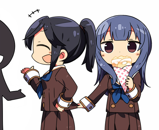 2girls bangs black_hair blue_hair blunt_bangs brown_skirt closed_eyes commentary crepe food hand_on_hip hibike!_euphonium holding_clothes kanikama kasaki_nozomi long_hair long_sleeves multiple_girls neckerchief open_mouth ponytail school_uniform simple_background skirt white_background yoroizuka_mizore