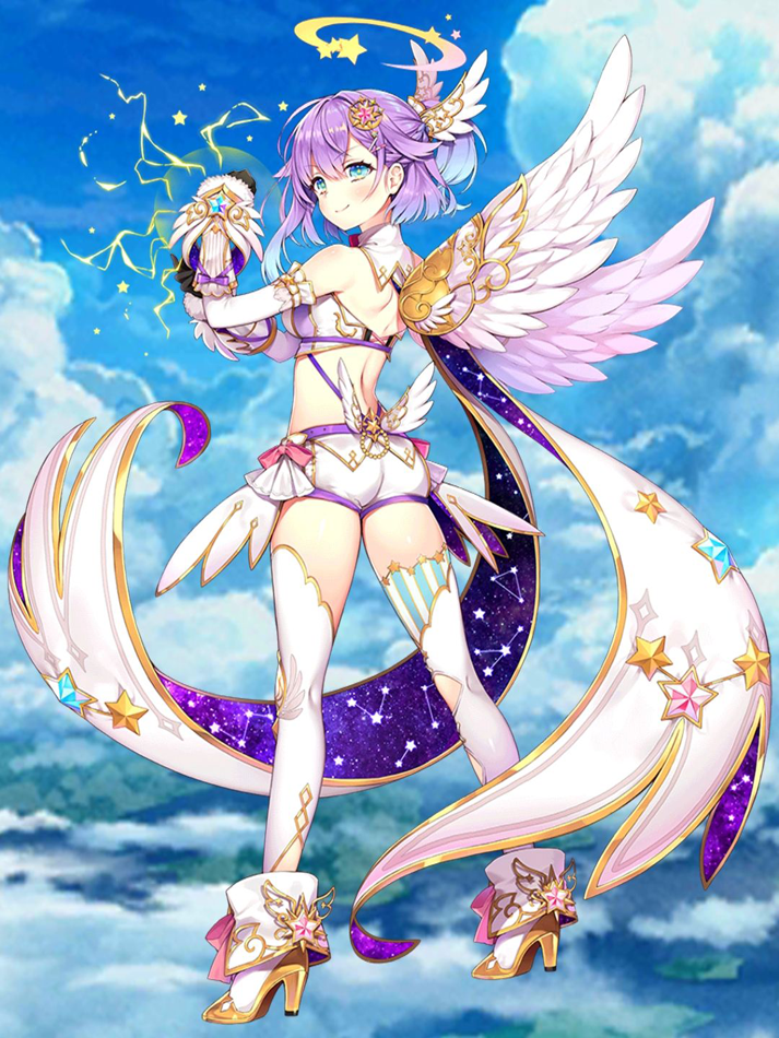 1girl angel angel_wings ass bare_shoulders black_gloves blue_eyes breasts byulzzimon clouds constellation_print crop_top detached_collar detached_sleeves feathered_wings from_behind full_body gauntlets gloves gradient_hair hair_ornament half_updo halo high_heels lightning looking_at_viewer looking_back luka_(shironeko_project) medium_breasts midriff multicolored_hair purple_hair revealing_clothes shironeko_project short_hair short_shorts shorts sky smile solo star thigh-highs white_footwear white_legwear white_shorts wings