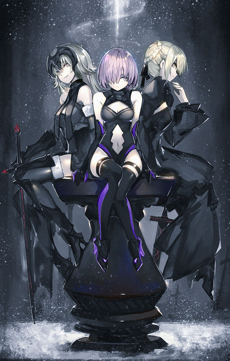 3girls arm_support armor armored_boots black_dress black_legwear boots dark_excalibur dark_persona dress elbow_gloves fate/grand_order fate/stay_night fate_(series) field_of_blades fur-trimmed_legwear fur_trim gloves high_heels highres jeanne_alter lavender_eyes lavender_hair long_hair looking_at_viewer multiple_girls navel night pale_skin profile puffy_sleeves ruler_(fate/apocrypha) saber saber_alter saberiii shielder_(fate/grand_order) short_hair sitting smile smirk snow snowing sword thigh-highs weapon white_hair wide_sleeves