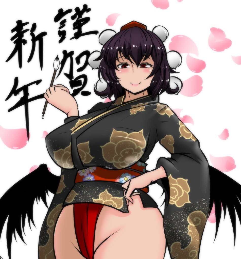 1girl alternate_costume bangs bird_wings black_hair black_kimono black_wings blush breasts calligraphy_brush cowboy_shot erect_nipples floral_print fundoshi hair_between_eyes hand_on_hip hand_up hat hips huge_breasts japanese_clothes kimono long_sleeves looking_at_viewer looking_down obi paintbrush petals red_eyes sash shameimaru_aya shiny shiny_hair short_kimono smile solo thighs tokin_hat torii5011 touhou translated white_background wide_sleeves wings