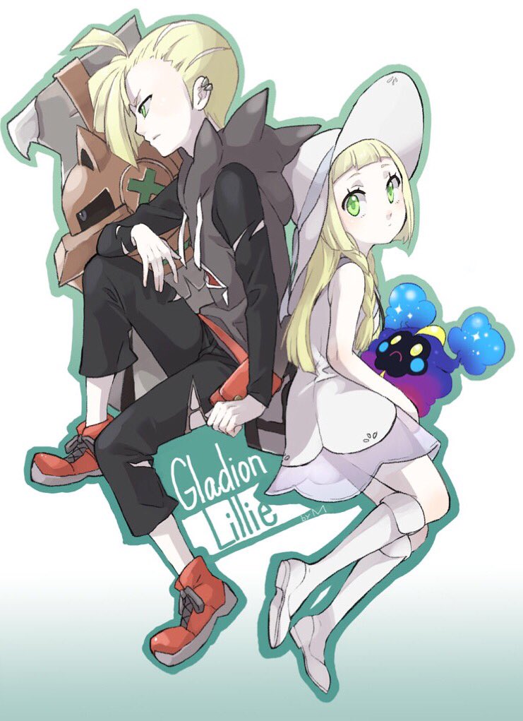 1boy 1girl black_pants blonde_hair braid brother_and_sister character_name cosmog dress from_side gladio_(pokemon) green_eyes hat lillie_(pokemon) long_hair long_sleeves looking_to_the_side npc npc_trainer oekkim pants pokemon pokemon_(creature) pokemon_(game) pokemon_sm rival_(pokemon) short_hair siblings sleeveless sleeveless_dress sun_hat torn_clothes torn_pants twin_braids type:_null white_dress white_hat