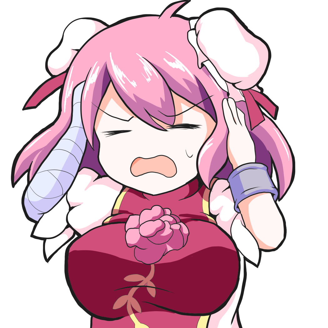 1girl bandaged_arm bracelet breasts ibaraki_kasen jewelry large_breasts nioti open_mouth pink_hair solo sweatdrop tagme touhou