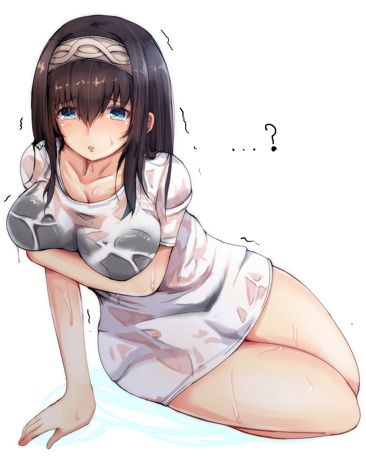 1girl ? black_hair blue_eyes blush bra breast_hold breasts cleavage collarbone commentary_request eyebrows_visible_through_hair hair_between_eyes hairband highres idolmaster idolmaster_cinderella_girls large_breasts long_hair looking_at_viewer parted_lips ryuu. sagisawa_fumika see-through shirt short_sleeves sitting solo underwear wet wet_clothes white_shirt