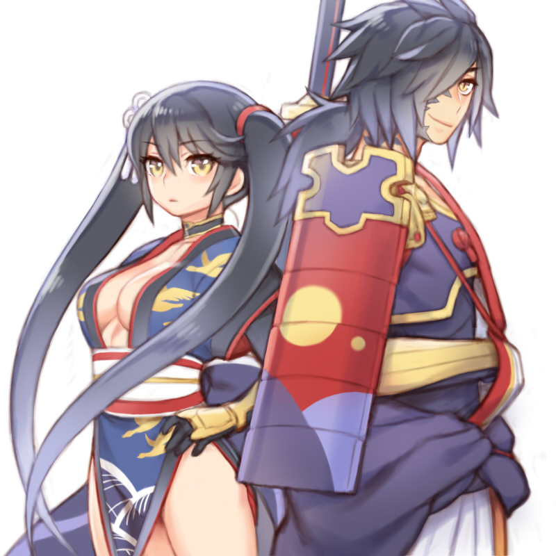 1boy 1girl alternate_hairstyle armor black_gloves black_hair breasts china_dress chinese_clothes cleavage cowboy_shot dress expressionless facial_mark folks_(nabokof) gloves hair_over_one_eye long_hair looking_at_viewer medium_breasts ponytail rokurou_rangetsu tales_of_(series) tales_of_berseria tattoo twintails velvet_crowe yellow_eyes