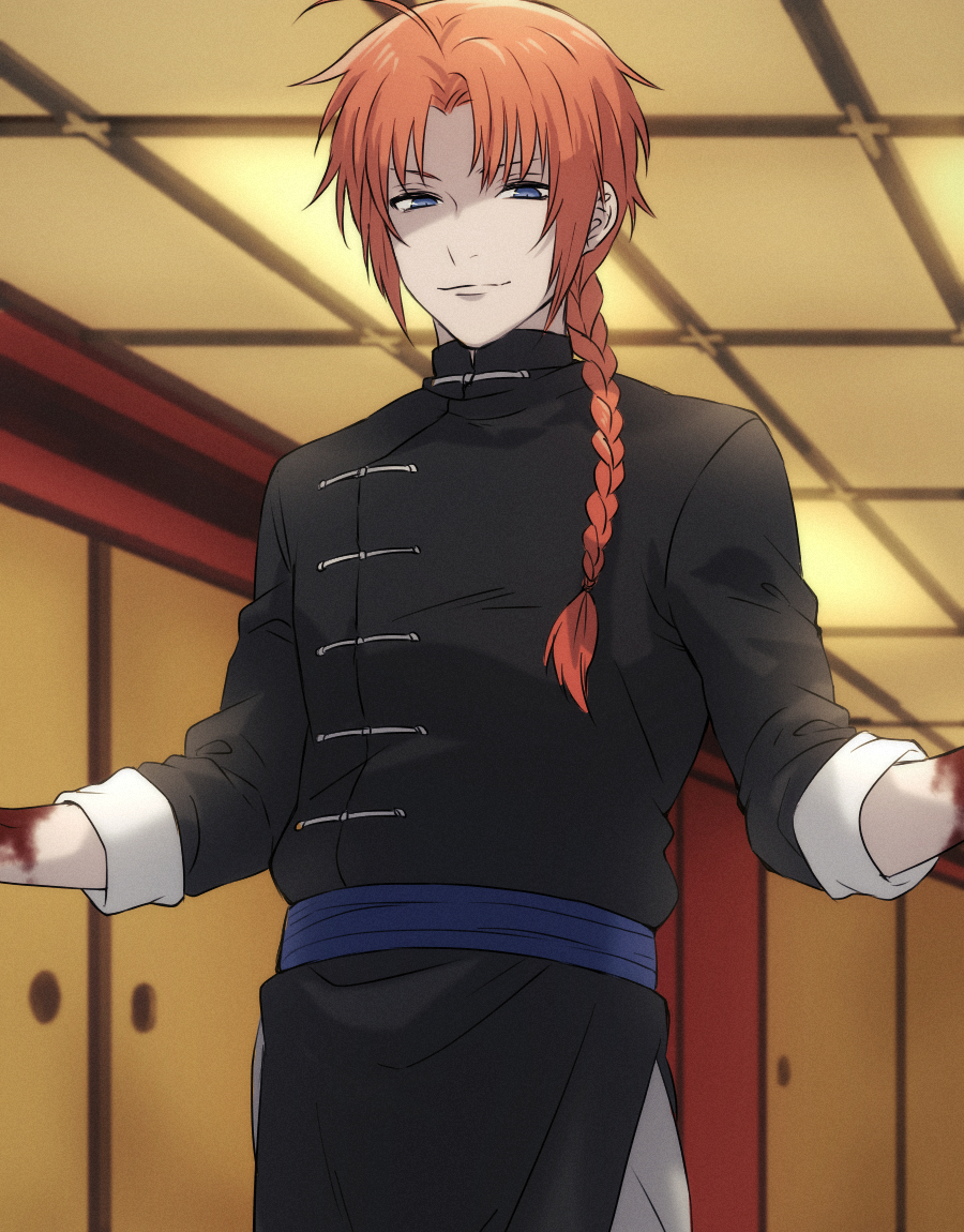 1boy ahoge bangs blood blood_on_face blood_on_hands blue_eyes braid chinese_clothes gintama hands_up indoors kamui_(gintama) long_hair male_focus orange_hair parted_bangs sliding_doors smile solo tofu_(bean359)