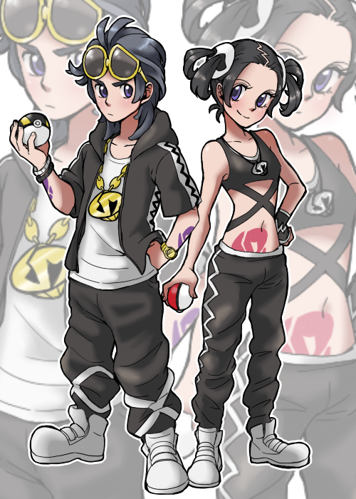 1boy 1girl alternate_costume alternate_hairstyle arm_tattoo artist_request baggy_pants bare_shoulders black_hair blush chain_necklace closed_mouth cosplay female_protagonist_(pokemon_sm) fingerless_gloves frown full_body gloves guzma_(pokemon) guzma_(pokemon)_(cosplay) hair_ornament hand_on_hip holding holding_poke_ball hood hoodie jacket jewelry male_protagonist_(pokemon_sm) navel navel_cutout necklace open_clothes open_shirt pants plumeri_(pokemon) plumeri_(pokemon)_(cosplay) poke_ball pokemon pokemon_(game) pokemon_sm shirt short_sleeves short_twintails single_glove sleeveless smile stomach stomach_tattoo sunglasses sunglasses_on_head tank_top tattoo team_skull team_skull_(cosplay) twintails ultra_ball violet_eyes watch wristband