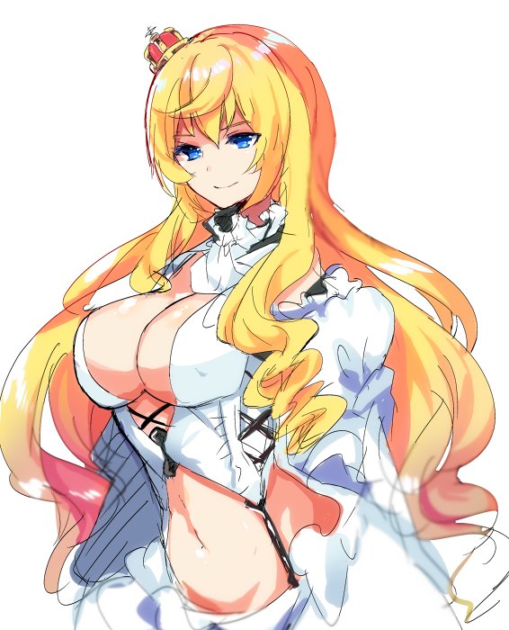 1girl blonde_hair blue_eyes breasts bustier cleavage closed_mouth crown detached_sleeves erect_nipples large_breasts lion_(zhan_jian_shao_nyu) long_hair looking_at_viewer midriff mini_crown navel puffy_sleeves simple_background sketch skirt smile solo uiroutsuji_yumihiko upper_body wavy_hair white_background white_clothes white_skirt zhan_jian_shao_nyu