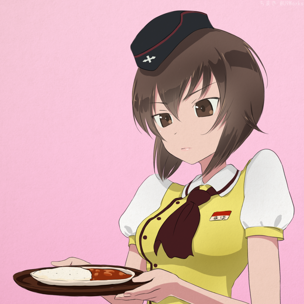 1girl alternate_costume brown_eyes brown_hair chimaki_(u9works) coco's food garrison_cap girls_und_panzer hat name_tag nishizumi_maho pink_background ribbon simple_background solo waitress