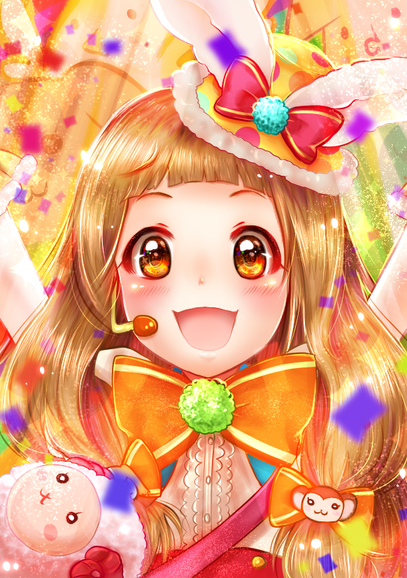 :d arms_up blush bow brown_eyes brown_hair confetti hair_ornament hat hat_bow headset ichihara_nina idolmaster idolmaster_cinderella_girls idolmaster_cinderella_girls_starlight_stage long_hair looking_at_viewer microphone monkey_hair_ornament okappakira open_mouth polka_dot smile stuffed_animal stuffed_sheep stuffed_toy upper_body yellow_hat