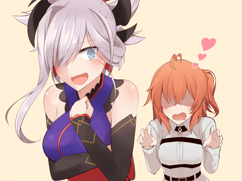 2girls :0 :d ahoge black_detached_sleeves blue_clothes blue_eyes blush breasts clenched_hand detached_sleeves earrings embarrassed faceless faceless_female fate/grand_order fate_(series) female female_pervert female_protagonist_(fate/grand_order) fujimaru_ritsuka_(female) groping_motion hair_over_one_eye heart heart_ahoge highres japanese_clothes jewelry large_breasts long_hair miyamoto_musashi_(fate/grand_order) moninora_(moninora83) multiple_girls open_mouth orange_hair pervert ponytail sash scrunchie shiny shiny_hair short_hair shy side_ponytail silver_hair tears type-moon uniform upper_body wavy_mouth yuri