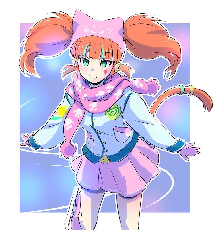 1girl animal_hat cat_girl cat_hat cat_tail commentary cyan_eyes earrings hat ice_skates iesupa jacket jewelry mittens neon_katt orange_hair pink_hat pink_skirt rwby scarf skates skirt smile solo tail thighs twintails