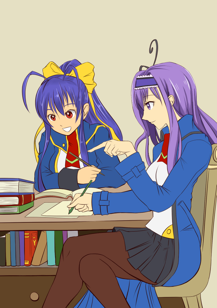 2girls :d antenna_hair blazblue blazblue_remix_heart blue_hair book book_stack bookshelf bow breasts butterfly_hair_ornament chair desk drawer drawfag genderswap genderswap_(mtf) hair_bow hair_ornament hairband holding holding_pencil indoors kajun_faycott large_breasts long_hair looking_at_another mai_natsume miniskirt multiple_girls open_book open_mouth pantyhose pencil pointing ponytail purple_hair reading red_eyes ribbon school_uniform simple_background sitting skirt smile studying table very_long_hair violet_eyes writing yellow_bow