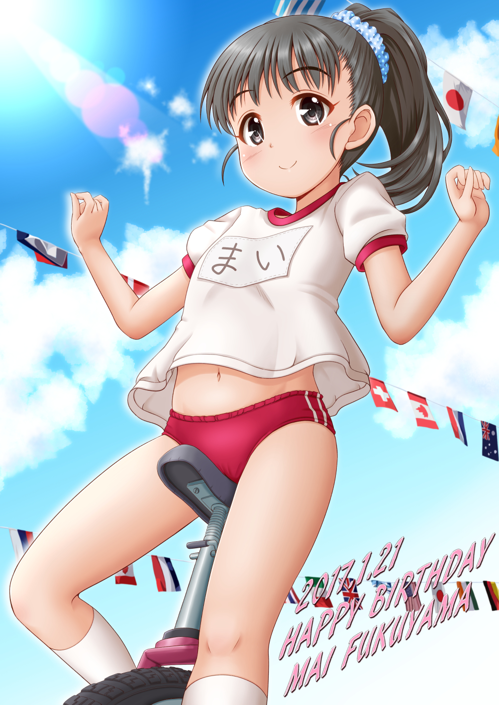 1girl 2017 black_eyes black_hair buruma clouds dated day flags_of_all_nations fukuyama_mai gym_uniform hair_ornament hair_scrunchie happy_birthday highres idolmaster idolmaster_cinderella_girls kneehighs long_hair looking_at_viewer navel outdoors outstretched_arms polka_dot ponytail regular_mow riding scrunchie shirt sky smile socks solo unicycle white_legwear