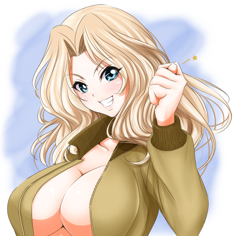 1girl blonde_hair blue_eyes bomber_jacket breasts cleavage girls_und_panzer grin jacket kay_(girls_und_panzer) large_breasts long_hair size_hermitage smile solo