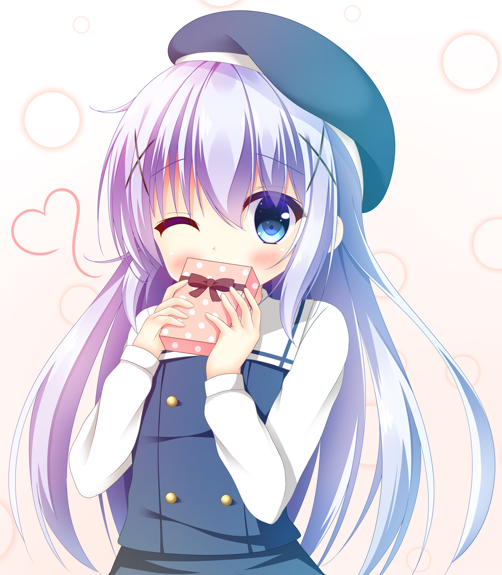 1girl bangs beret blue_eyes blue_hair blue_hat blue_skirt blue_vest blush box brown_background commentary_request covered_mouth eyebrows_visible_through_hair gift gift_box gochuumon_wa_usagi_desu_ka? gradient gradient_background hair_between_eyes hair_ornament hat heart holding holding_gift kafuu_chino kafuu_chino's_school_uniform long_hair long_sleeves looking_at_viewer one_eye_closed polka_dot school_uniform shirt sidelocks skirt skirt_set solo valentine very_long_hair vest white_background white_shirt x_hair_ornament yukatama