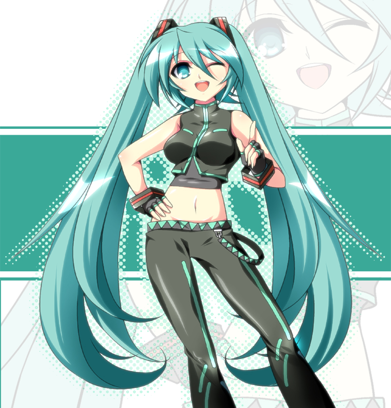 aqua_hair fingerless_gloves gloves hatsune_miku ka2 long_hair midriff navel project_diva twintails vocaloid wink