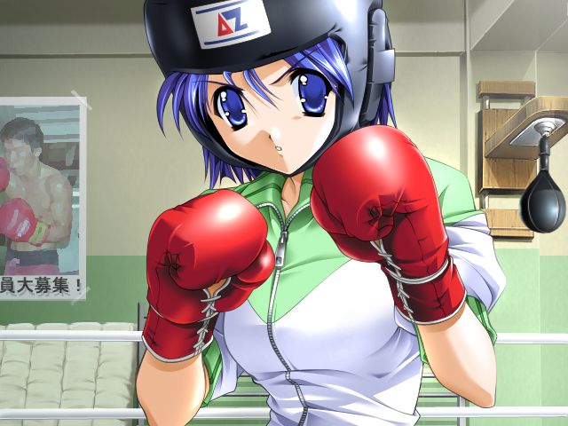 ashita_no_yukinojou blue_eyes blue_hair boxing_gloves boxing_ring game_cg headgear headguard pose rope short_hair