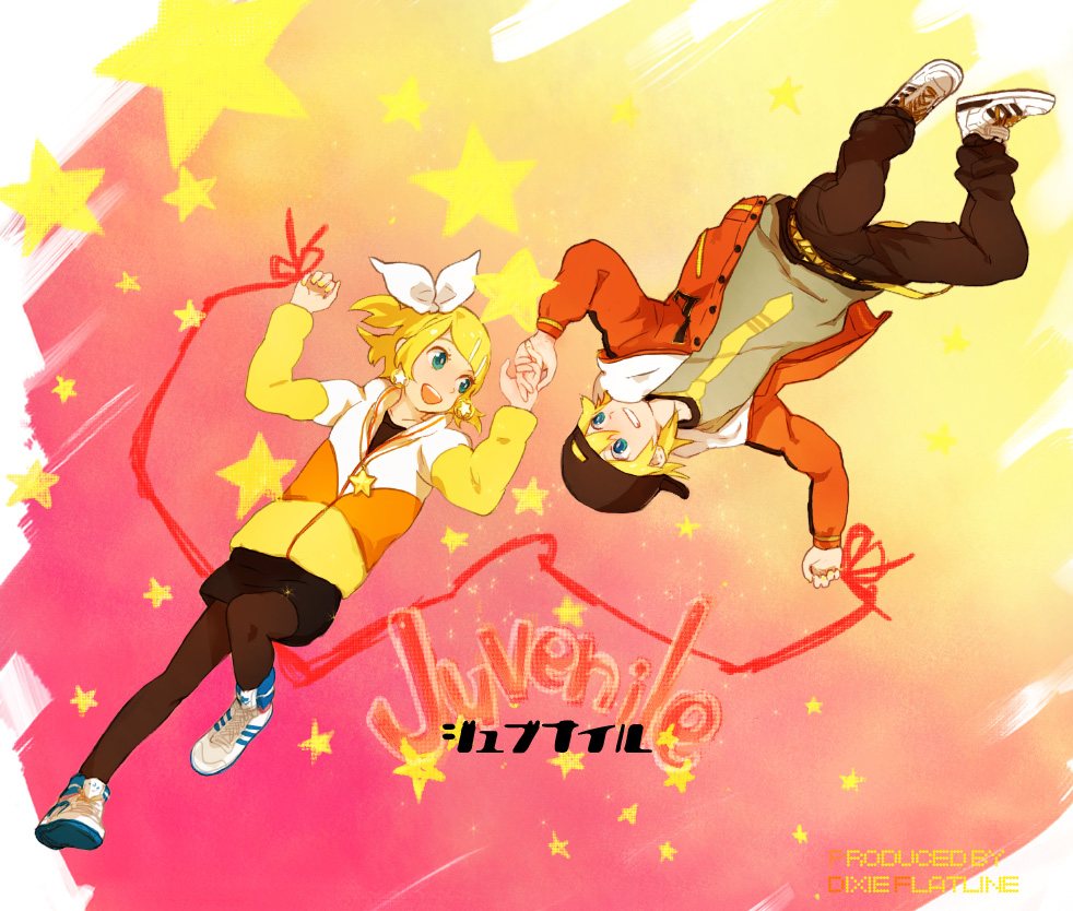 blonde_hair blue_eyes earrings fashion hair_ribbon hair_ribbons hat hoodie jacket jewelry juvenile_(vocaloid) kagamine_len kagamine_rin mitosa necklace pantyhose ribbon ribbons shoes siblings skirt sneakers star stars t-shirt twins vocaloid