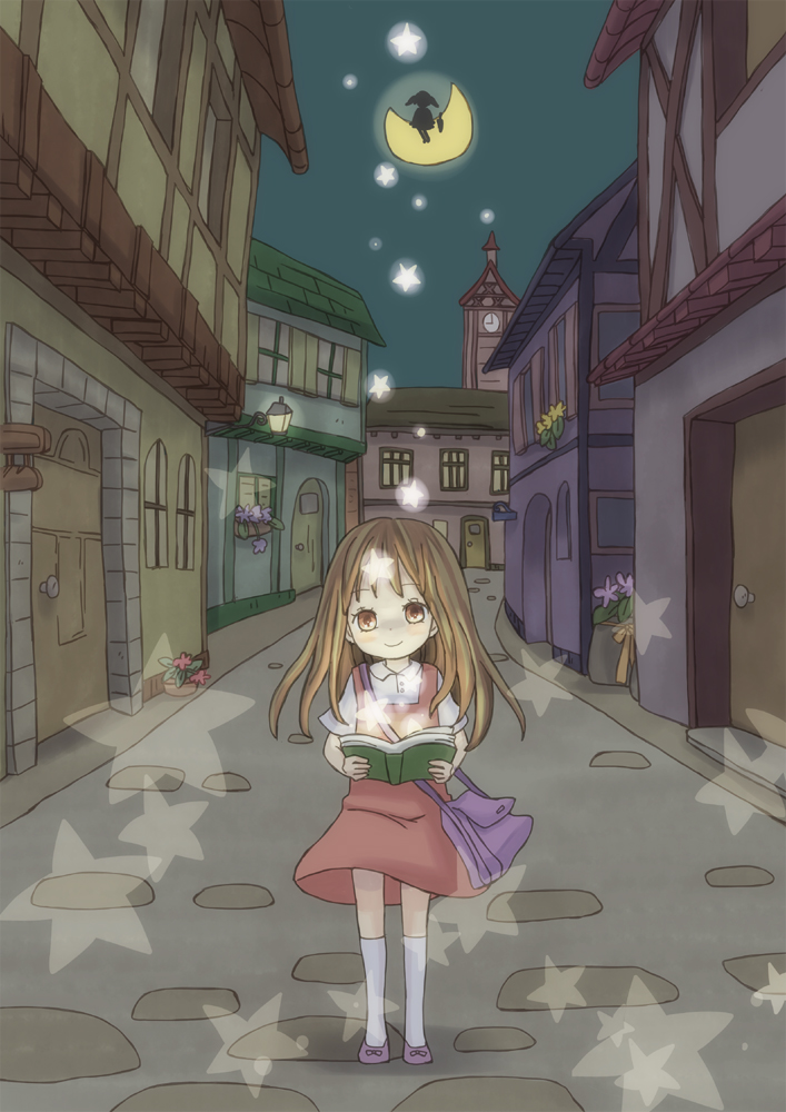 bag book building buildings child cute flower house moon night ninkon reading scenery smile star stars street town usami_miki