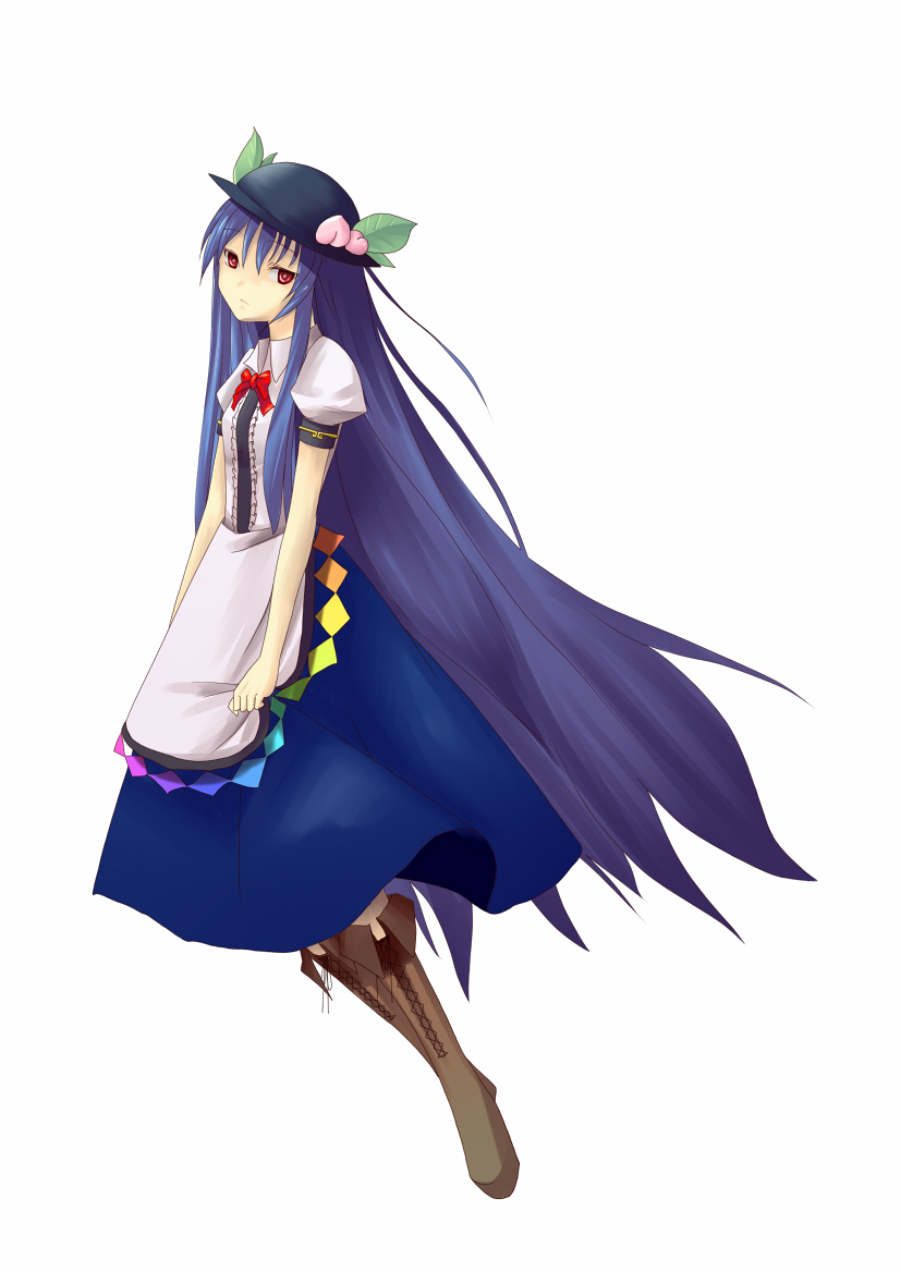 boots food fruit hat hinanawi_tenshi leaf long_hair peach ppr red_eyes solo touhou very_long_hair