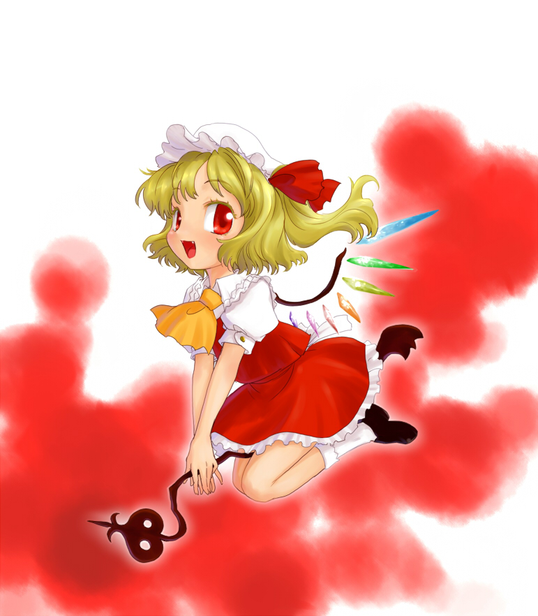 between_thighs blonde_hair bobby_socks fangs flandre_scarlet flying hat kiriu laevatein loafers open_mouth red_eyes ribbon ribbons riding shoes short_hair smile socks solo touhou v_arms vampire wings