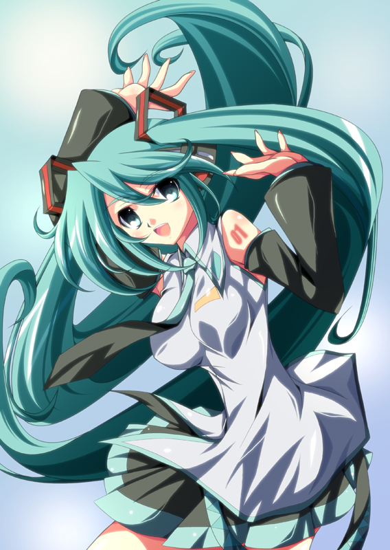 aqua_hair detached_sleeves hatsune_miku ka2 long_hair necktie skirt twintails vocaloid