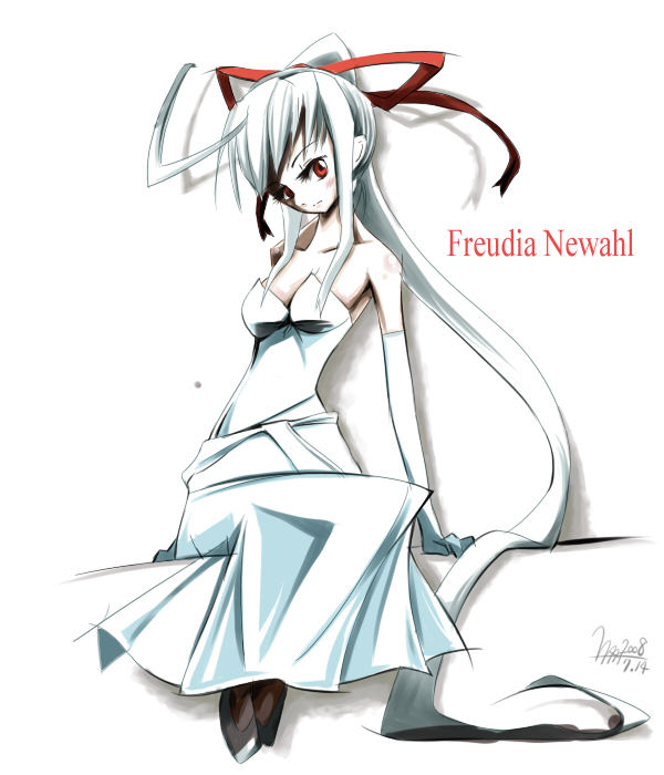 dress elbow_gloves freudia_neuwahl gloves hair_ribbon hissatsukun long_hair ponytail red_eyes ribbon rosenkreuzstilette sitting very_long_hair white_hair