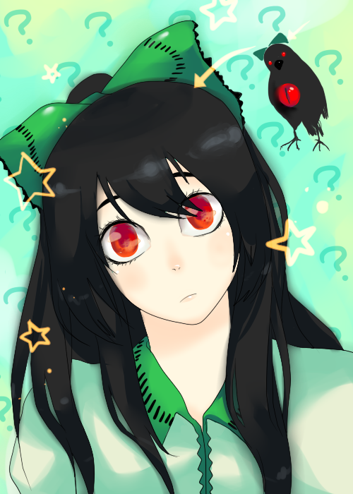 bird black_hair crow face hachimillion head_tilt long_hair red_eyes reiuji_utsuho reiuji_utsuho_(bird) ribbon ribbons source_request star stars touhou