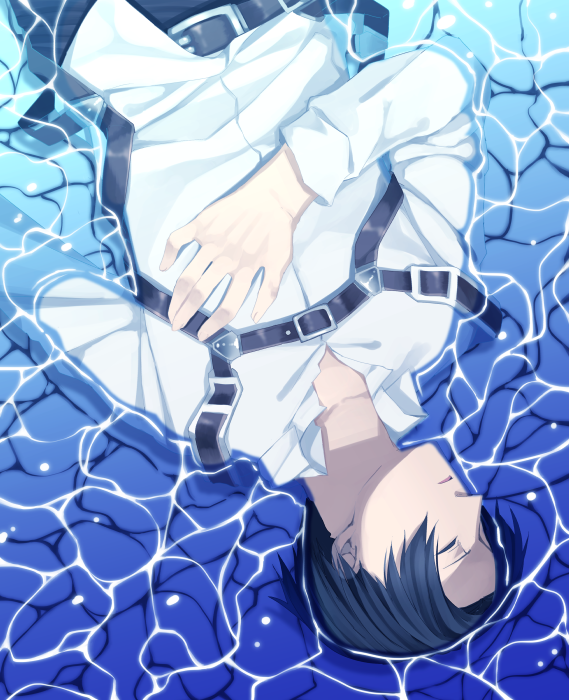 1boy belt black_hair itou_(mogura) levi_(shingeki_no_kyojin) partially_submerged shingeki_no_kyojin solo upside-down