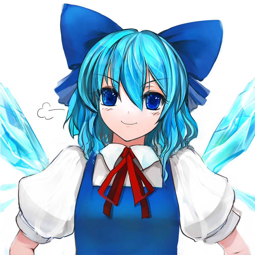 &gt;:) blue_dress blue_eyes blue_hair blush bust cirno dress face pupps short_hair smile solo touhou wings