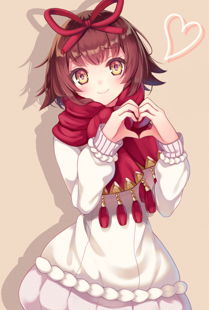 1girl borrowed_character bow brown_eyes brown_hair hair_bow hair_ribbon heart heart_hands ribbon scarf short_hair simple_background solo standing sweater yatsuki_yura