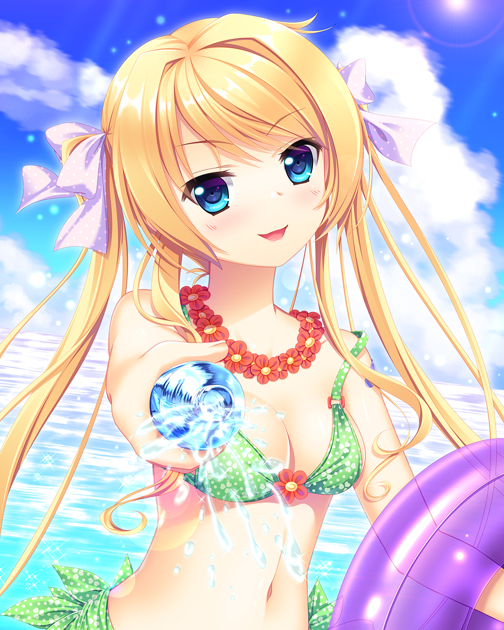 1girl 33paradox bikini blonde_hair blue_eyes bow breasts cleavage clouds collarbone day green_bikini hair_ribbon highres lei long_hair looking_at_viewer medium_breasts navel ocean open_mouth outdoors purple_ribbon ribbon see-through smile solo swimsuit twintails water